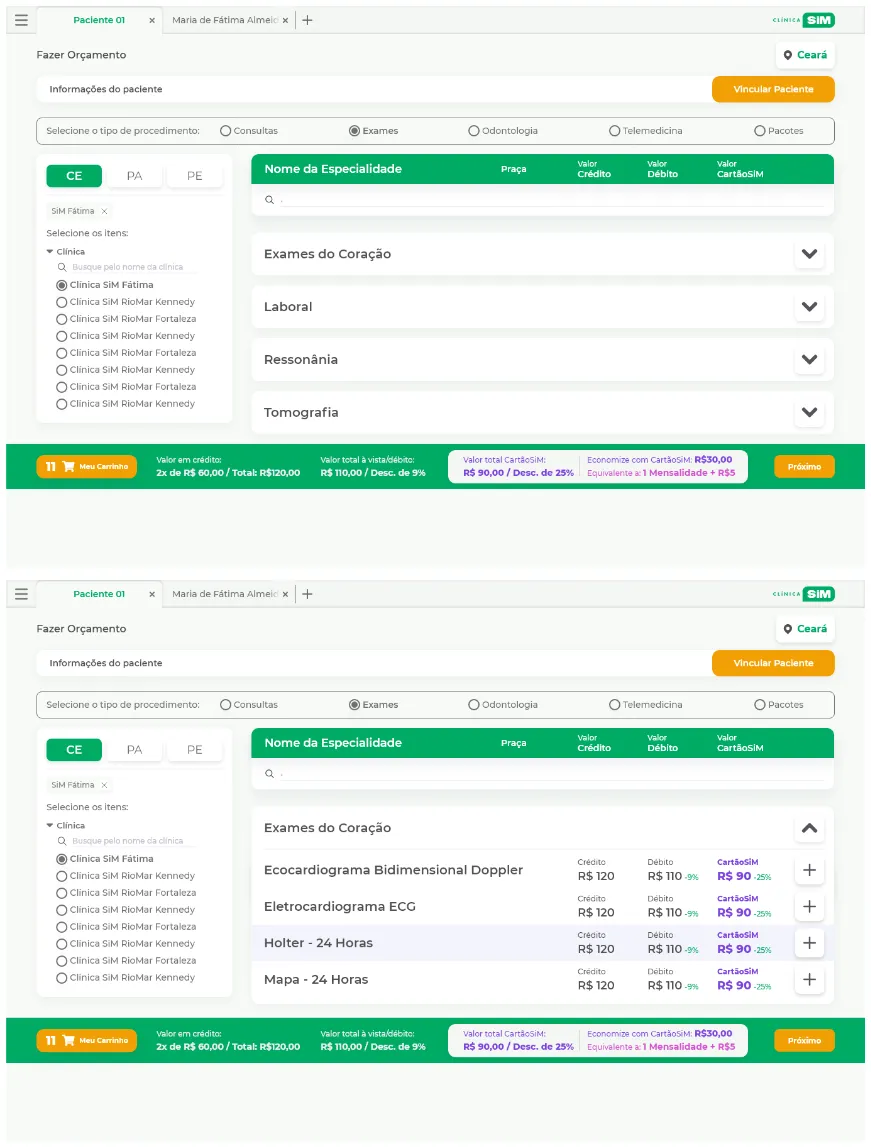 Primeiras telas de seleção de procedimentos